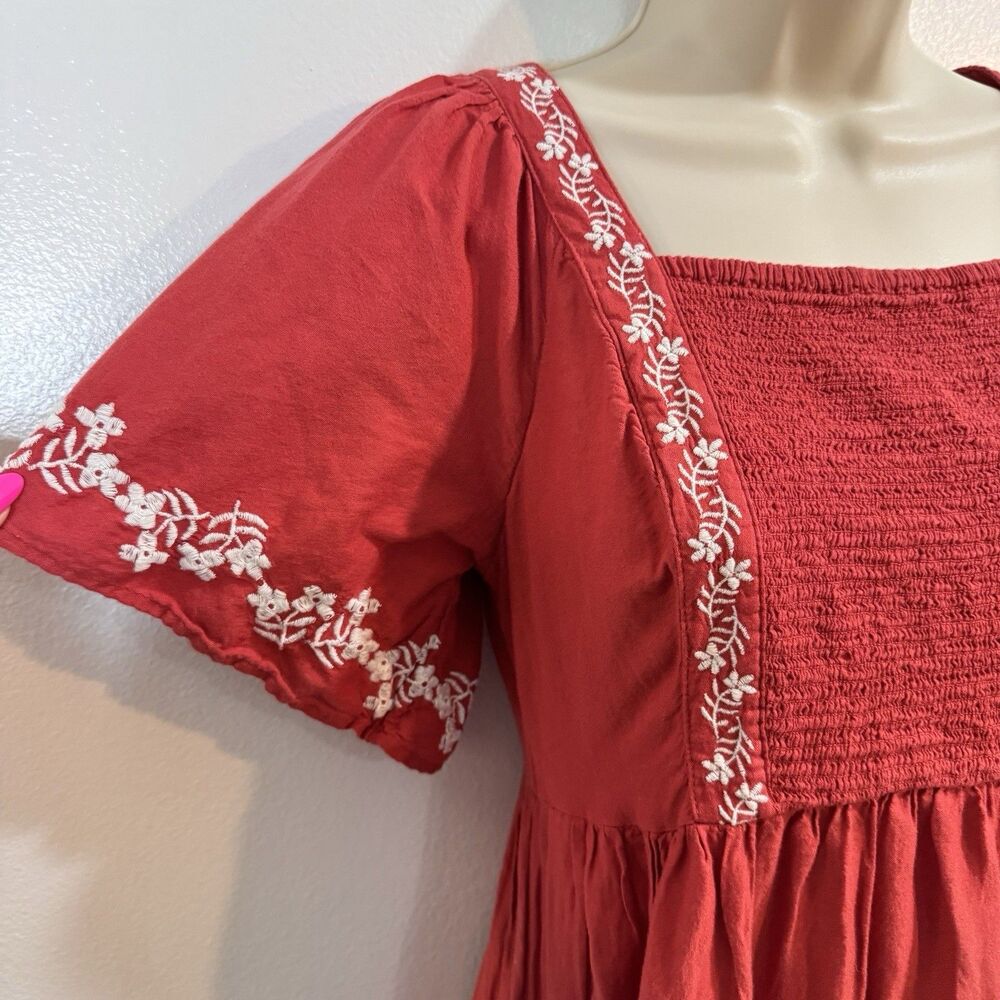 Old Navy Shirt Dress S Midi Smocked Embroidered Prairie Milkmaid Red White Boho - Picture 6 of 12